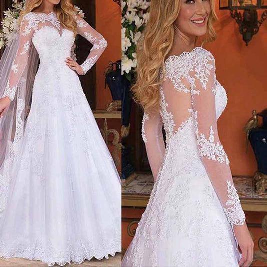Ball-Gown Princess Scoop Long Sleeves Lace Tulle Wedding Dress