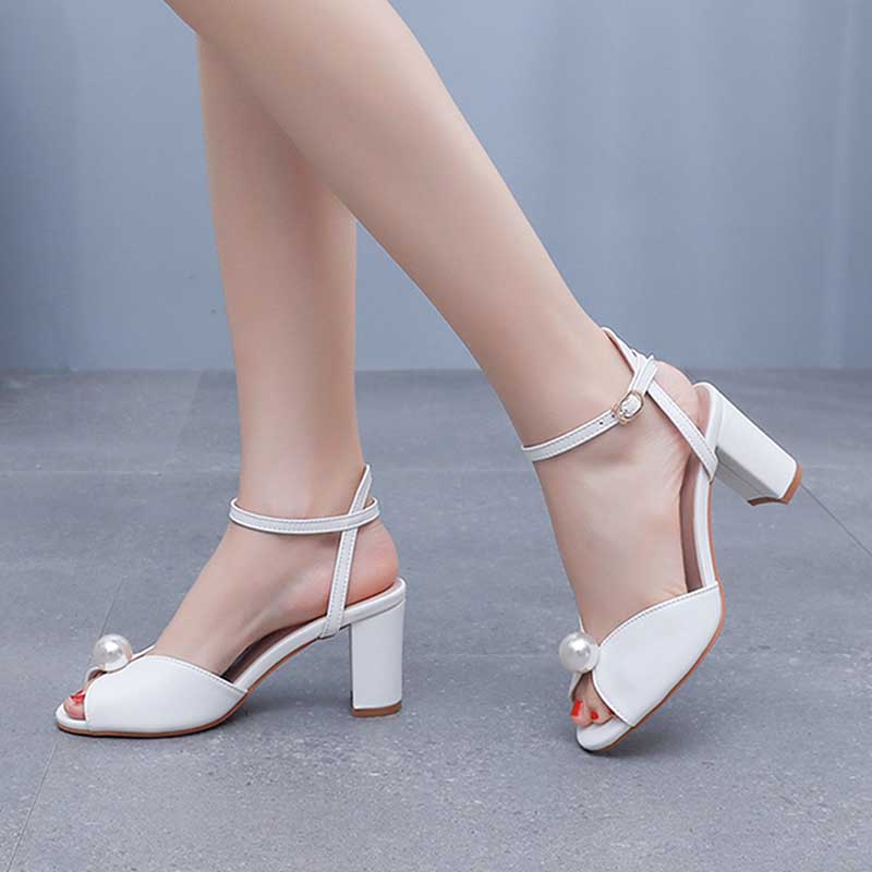 2.95" White Chunky Wedding Sandals Vintage Peep Toe Block Heeled Bridal Shoes