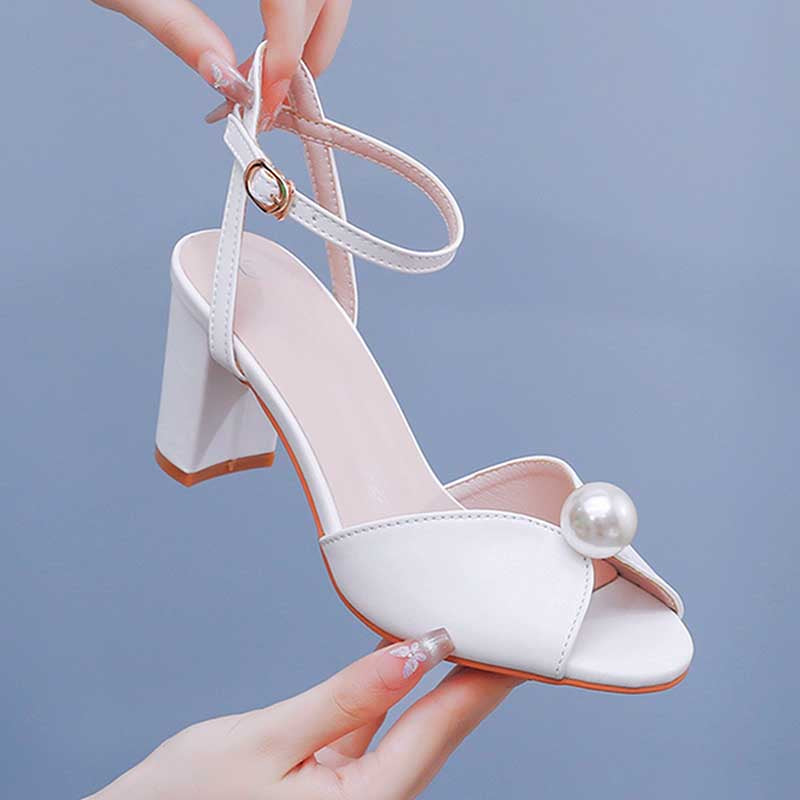 2.95" White Chunky Wedding Sandals Vintage Peep Toe Block Heeled Bridal Shoes