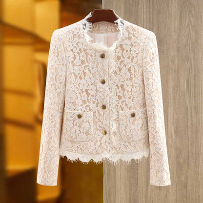 Luxury white lace coat wedding jacket with pocket