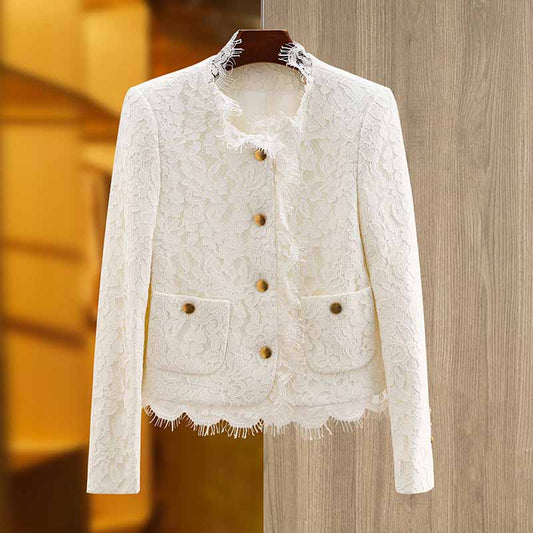 Luxury white lace coat wedding jacket with pocket