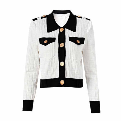 White Cropped Jacket Knitted Coat With Gold Metal Buckle