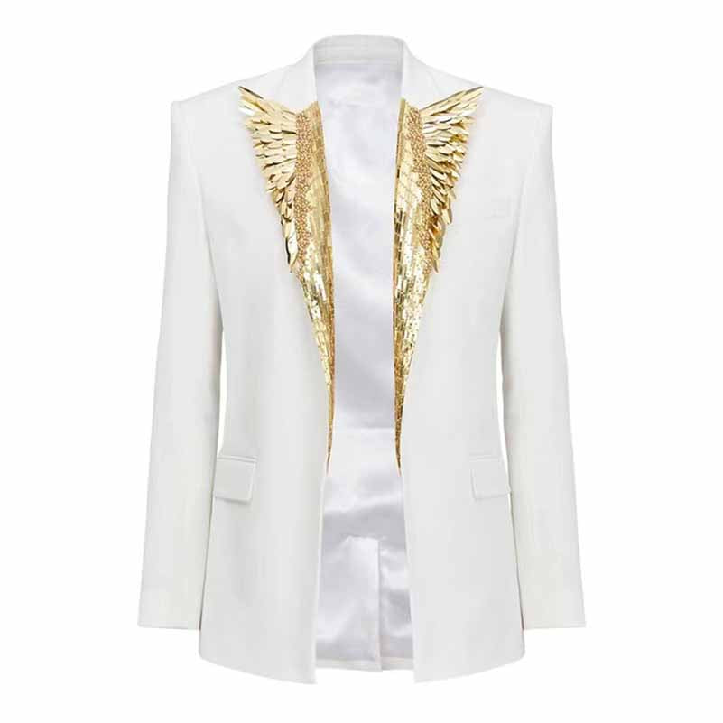 Women's One Button Slim Fit Blazer With Metaled Nails White Wedding Jacket