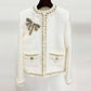 Women's Golden Diamonds Buttons White Tweed Jacket Coat Formal Jacket