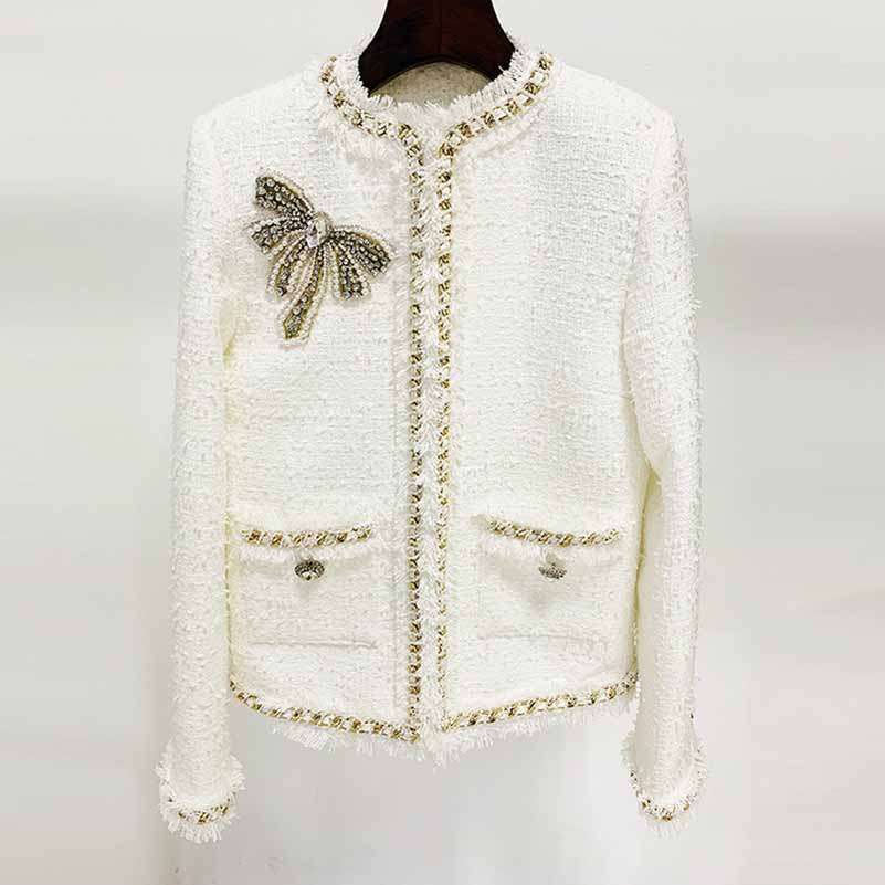 Women's Golden Diamonds Buttons White Tweed Jacket Coat Formal Jacket