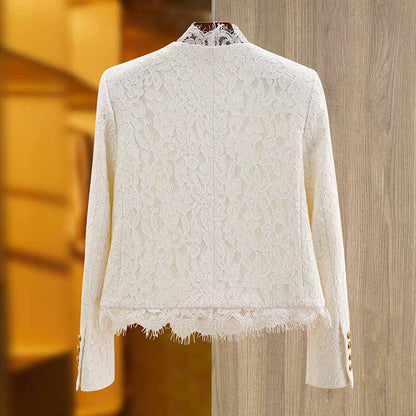 Luxury white lace coat wedding jacket with pocket