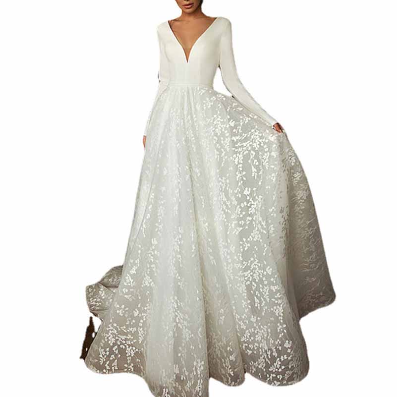 Long Sleeves A Line Wedding Dress Low Back Bridal Ball Gown V-Neck Bridal Dress