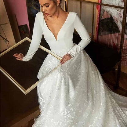 Long Sleeves A Line Wedding Dress Low Back Bridal Ball Gown V-Neck Bridal Dress
