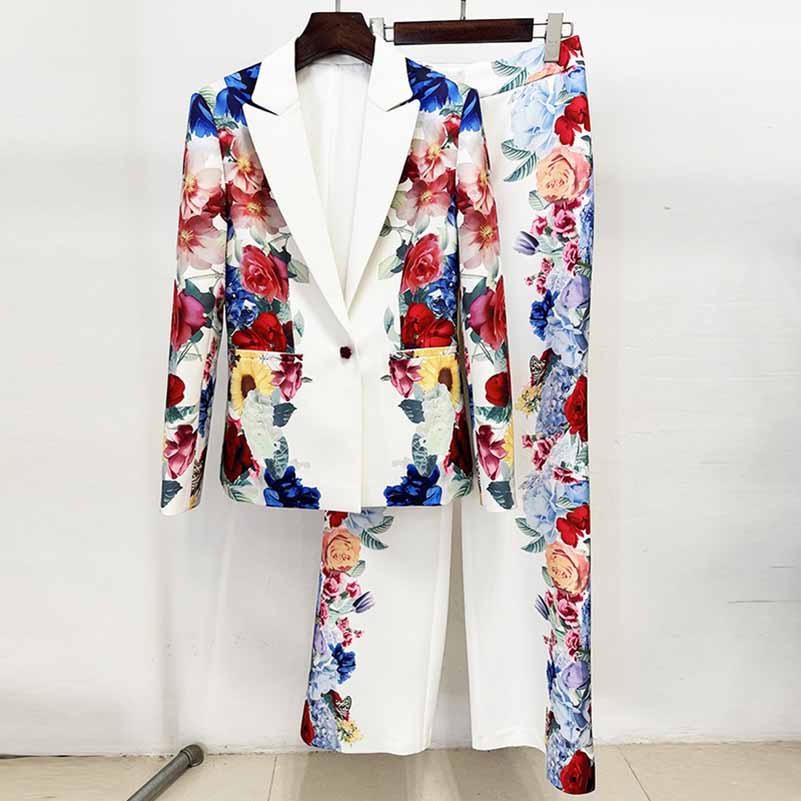 White Floral Pantsuit Handmade Floral Print Pant and Blazer Set