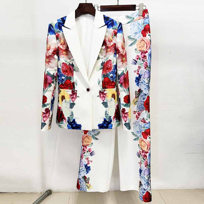 White Floral Pantsuit Handmade Floral Print Pant and Blazer Set