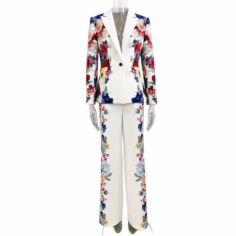 White Floral Pantsuit Handmade Floral Print Pant and Blazer Set