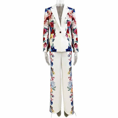 White Floral Pantsuit Handmade Floral Print Pant and Blazer Set