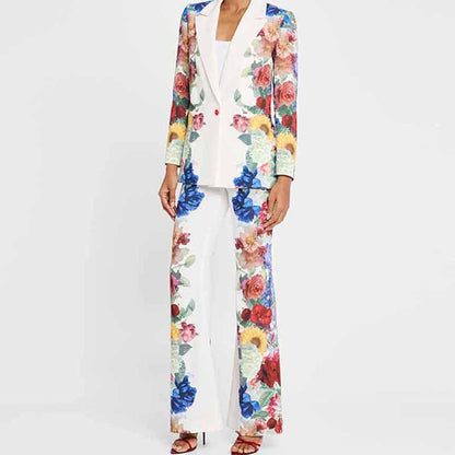 White Floral Pantsuit Handmade Floral Print Pant and Blazer Set