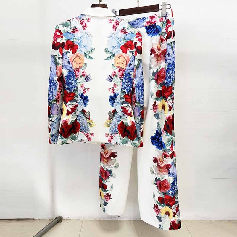 White Floral Pantsuit Handmade Floral Print Pant and Blazer Set