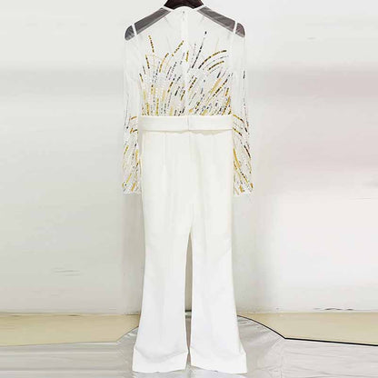 Long Sleeve Gold Sequin Jumpsuit One Piece Suit White Glitter Romper Party Jumpsuit