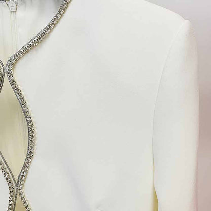 Women White Hand Made Studded Bead Neck Sexy Flare Trousers Playsuit Jumpsuit