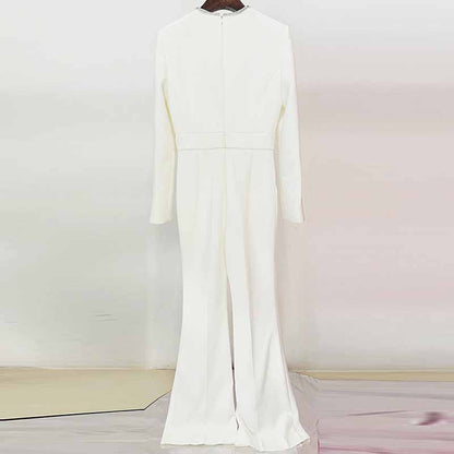 Women White Hand Made Studded Bead Neck Sexy Flare Trousers Playsuit Jumpsuit