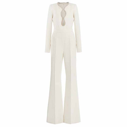 Women White Hand Made Studded Bead Neck Sexy Flare Trousers Playsuit Jumpsuit
