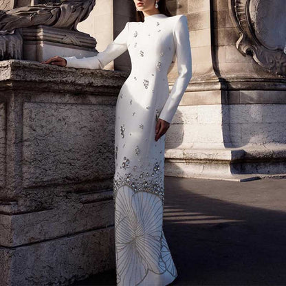 Womens White Sequin-Beaded Long Formal Dress Wedding Ball Gown