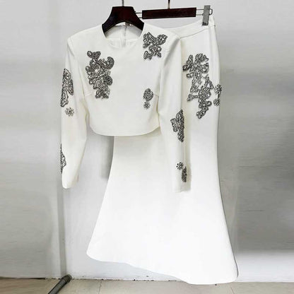 White Maxi Skirt Suit With Crystal Beads Long Sleeve Skirt Set Wedding Outfit