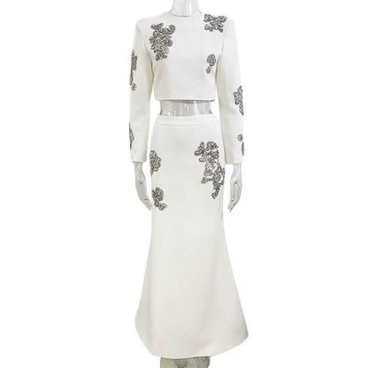 White Maxi Skirt Suit With Crystal Beads Long Sleeve Skirt Set Wedding Outfit