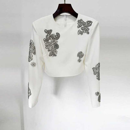 White Maxi Skirt Suit With Crystal Beads Long Sleeve Skirt Set Wedding Outfit