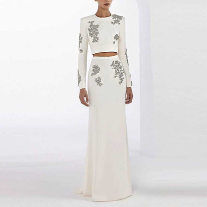 White Maxi Skirt Suit With Crystal Beads Long Sleeve Skirt Set Wedding Outfit
