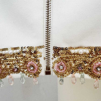 Women's Crop Top Skirt Suit White With Sequin Details