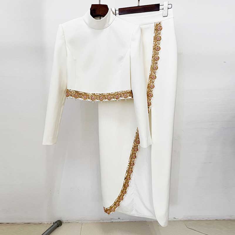 Women's Crop Top Skirt Suit White With Sequin Details