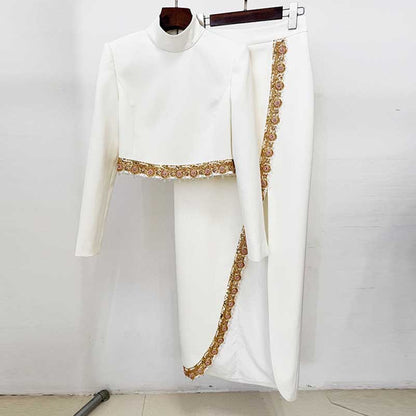 Women's Crop Top Skirt Suit White With Sequin Details