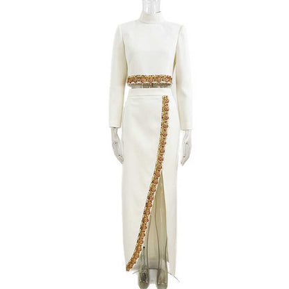 Women's Crop Top Skirt Suit White With Sequin Details
