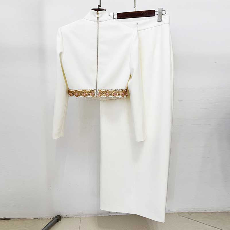 Women's Crop Top Skirt Suit White With Sequin Details