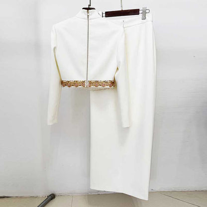 Women's Crop Top Skirt Suit White With Sequin Details