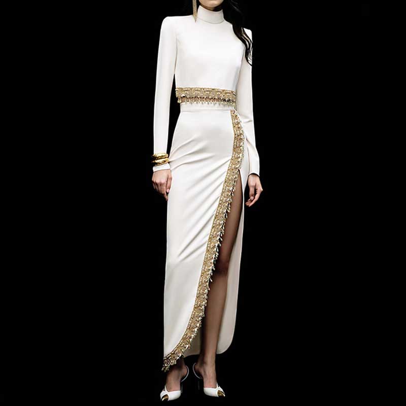 Women's Crop Top Skirt Suit White With Sequin Details