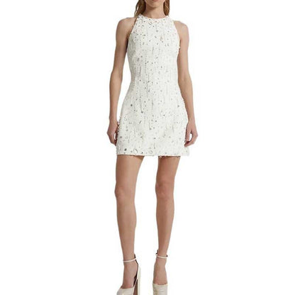 Womens White Hand-Beaded Mini Dress