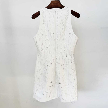 Womens White Hand-Beaded Mini Dress