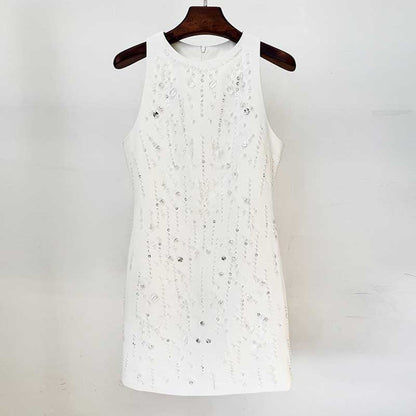 Womens White Hand-Beaded Mini Dress