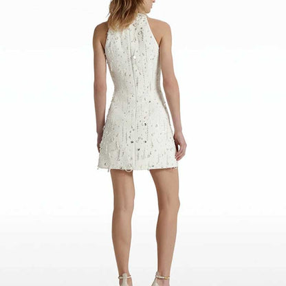 Womens White Hand-Beaded Mini Dress