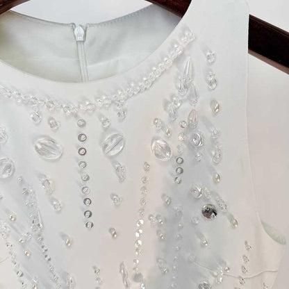 Womens White Hand-Beaded Mini Dress