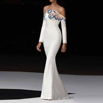 White Mermaid Prom Dress with Beads – Off Shoulder Long Sleeve Gown