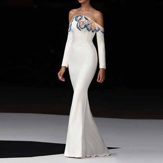 White Mermaid Prom Dress with Beads – Off Shoulder Long Sleeve Gown