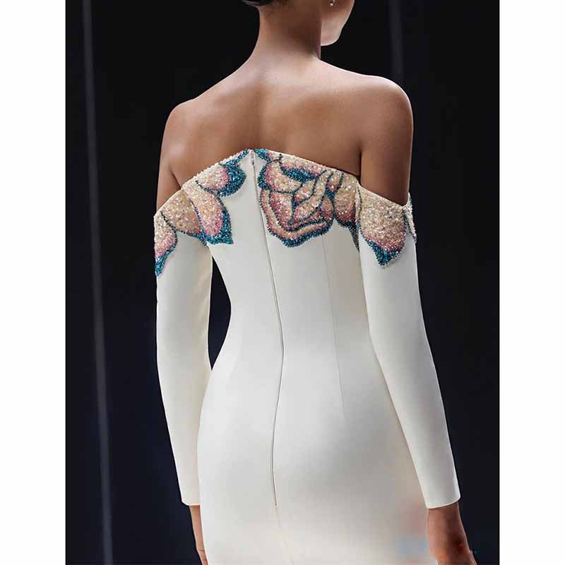 White Mermaid Prom Dress with Beads – Off Shoulder Long Sleeve Gown