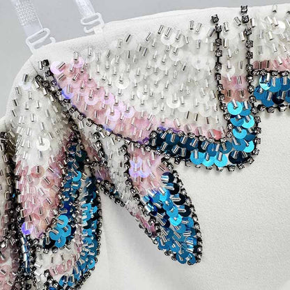 White Mermaid Prom Dress with Beads – Off Shoulder Long Sleeve Gown