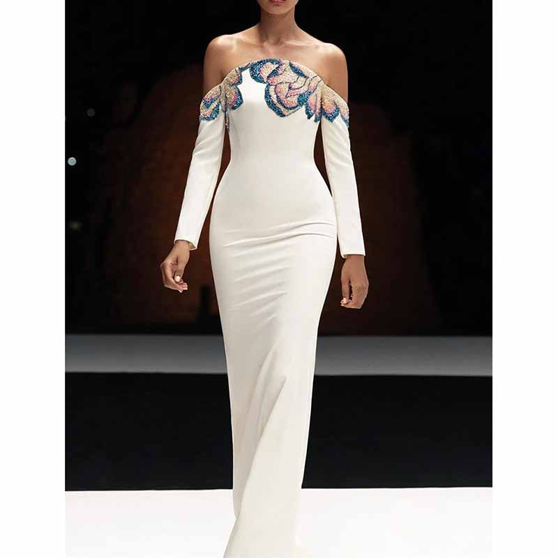 White Mermaid Prom Dress with Beads – Off Shoulder Long Sleeve Gown