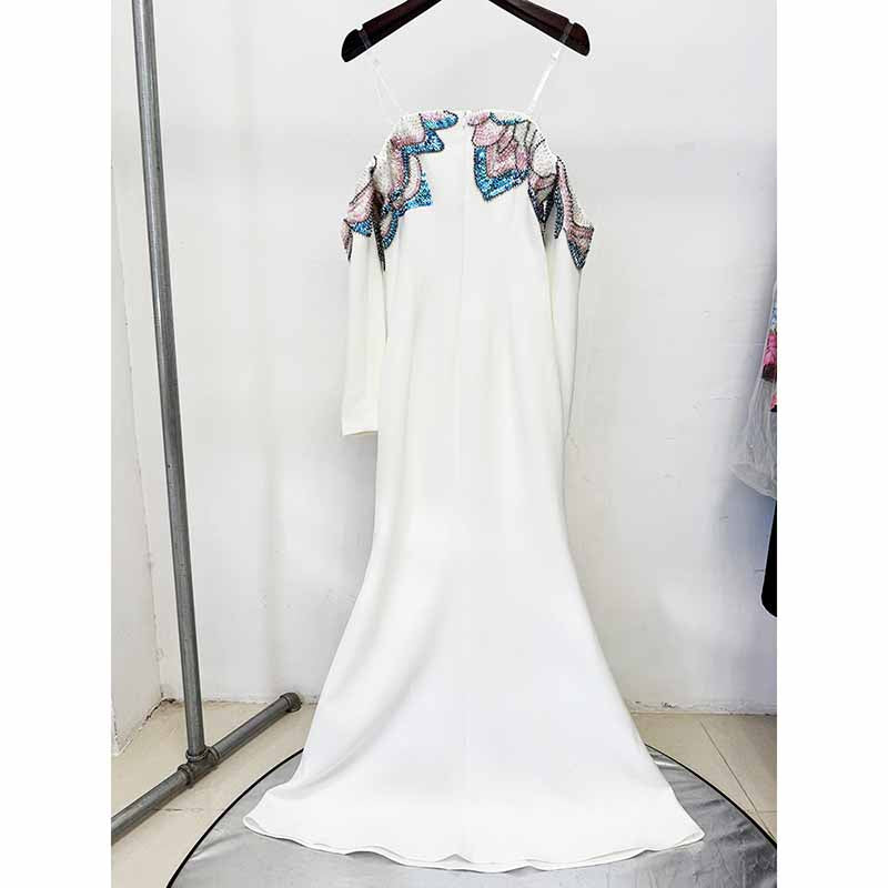 White Mermaid Prom Dress with Beads – Off Shoulder Long Sleeve Gown