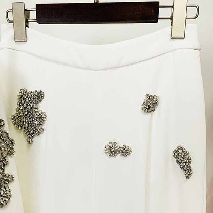 Women's White Beaded Blazer Suit Two Pieces Wide-Leg Wedding Pantsuit
