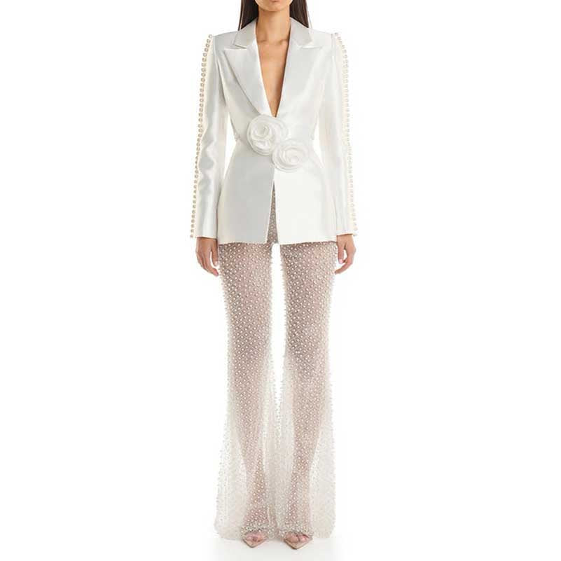 Long Sleeve Pearl Silk Suit White Hollow Tight Trousers Two-Piece Set