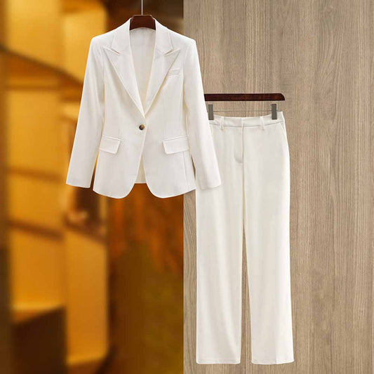 One Button White Pantsuit Fitted Blazer + Mid-High Rise Trousers Pantsuit Suit Formal Wear