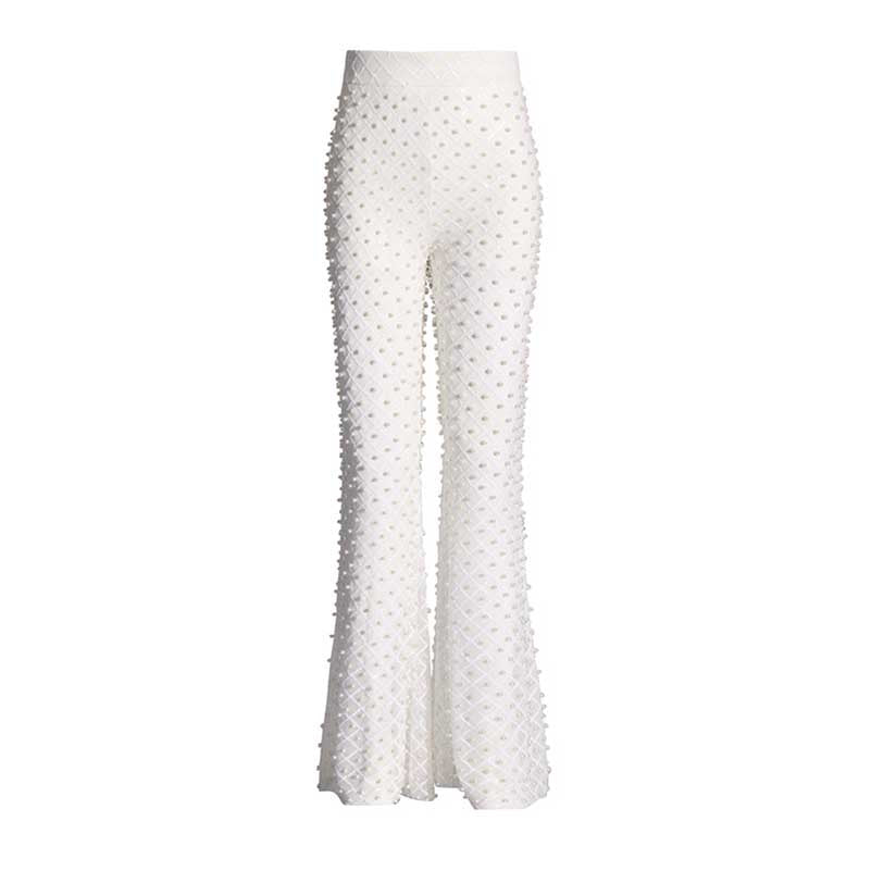 Long Sleeve Pearl Silk Suit White Hollow Tight Trousers Two-Piece Set