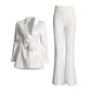 Long Sleeve Pearl Silk Suit White Hollow Tight Trousers Two-Piece Set